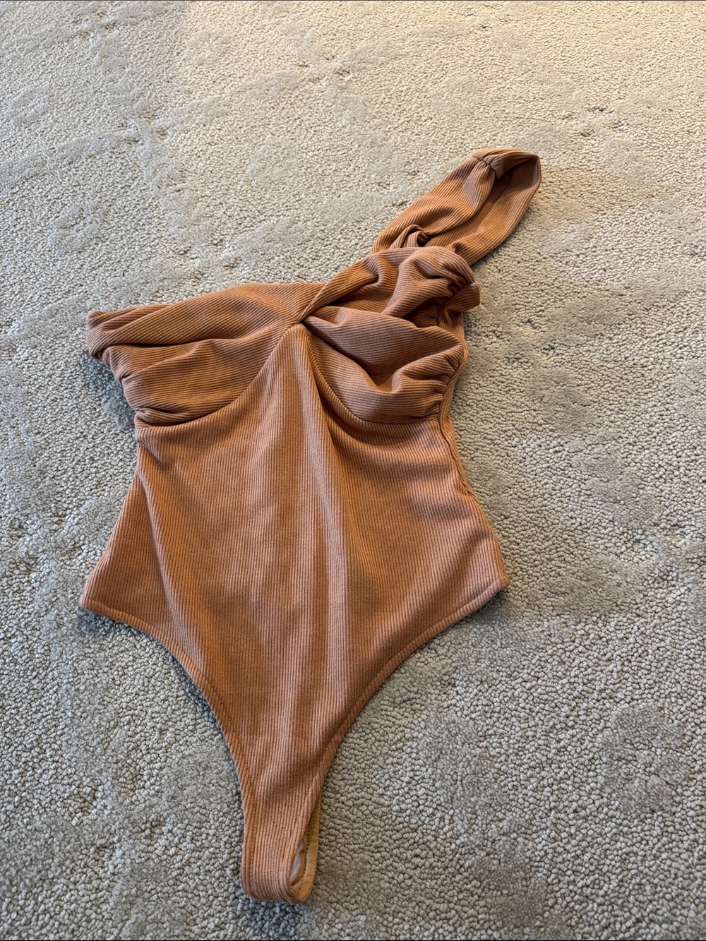 Lovers + Friends One-Shoulder Ribbed Bodysuit in Camel
